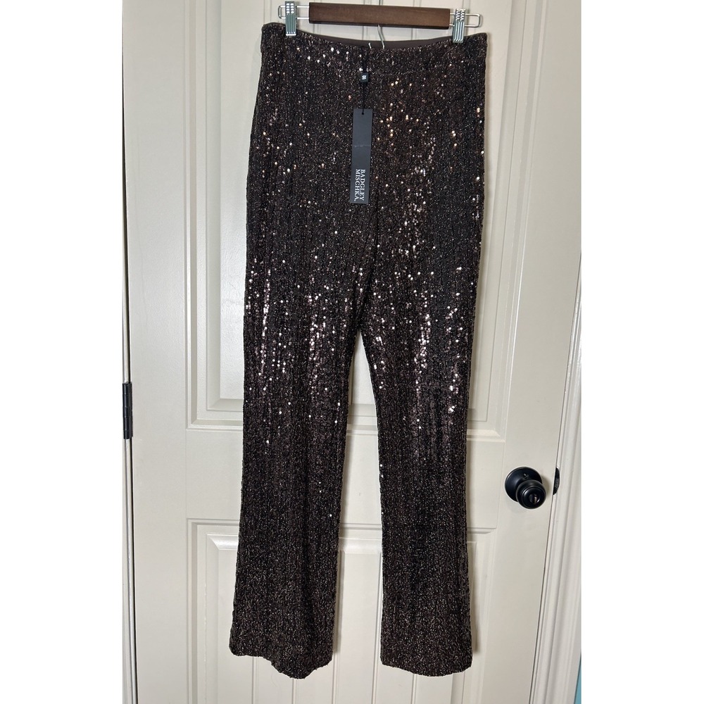 Badgley Mischka Women's Sequin Pants Size 6 Brown Formal Disco Party Luxury